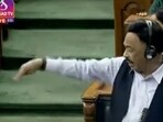 Narayan Rane asking MP Arvind Sawant to sit down. 