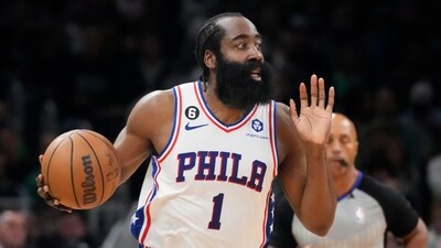Philadelphia 76ers guard James Harden (1) calls to teammates during the first half of Game 5 against the Boston Celtics in the NBA basketball Eastern Conference semifinals playoff series 2023 (AP) Philadelphia 76ers guard James Harden (1) calls to teammates during the first half of Game 5 against the Boston Celtics in the NBA basketball Eastern Conference semifinals playoff series 2023 (AP)