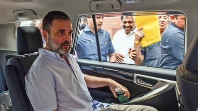 Congress MP Rahul Gandhi leaves from Parliament after speaking in Lok Sabha on Manipur issue during the ongoing Monsoon Session, in New Delhi on Wednesday. (ANI Photo/Jitender Gupta) (Jitender Gupta) Congress MP Rahul Gandhi leaves from Parliament after speaking in Lok Sabha on Manipur issue during the ongoing Monsoon Session, in New Delhi on Wednesday. (ANI Photo/Jitender Gupta) (Jitender Gupta)