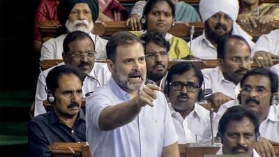 Congress leader Rahul Gandhi in Lok Sabha on Wednesday. (ANI) Congress leader Rahul Gandhi in Lok Sabha on Wednesday. (ANI)