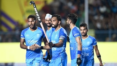 India's Harmanpreet Singh (L) celebrates after scoring India's second goal (AFP) India's Harmanpreet Singh (L) celebrates after scoring India's second goal (AFP)