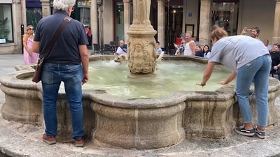 The image shows a woman trying to convince her dog to get out of a fountain. (Facebook/@Ourense - Galicia)