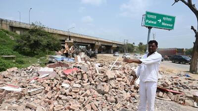 Gurugram, India-August 07, 2023:Akhtar Hussain shows their demolished shops at Kharkhari Mod Tauru; District administration start a demolition drive against the illegal construction in Nuh after the communal violence, in Gurugram, India, on Monday, 07 August 2023. (Photo by Parveen Kumar/Hindustan Times) Gurugram, India-August 07, 2023:Akhtar Hussain shows their demolished shops at Kharkhari Mod Tauru; District administration start a demolition drive against the illegal construction in Nuh after the communal violence, in Gurugram, India, on Monday, 07 August 2023. (Photo by Parveen Kumar/Hindustan Times)