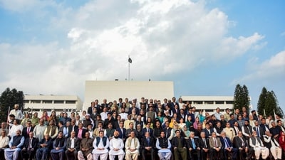 Pakistan's Prime Minister Shehbaz Sharif in a group photo with the members of the National Assembly in Islamabad, Pakistan August 9, 2023. REUTERS/Waseem Khan NO RESALES. NO ARCHIVES