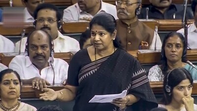 DMK member Kanimozhi participates in the discussion on the Motion of No-Confidence in the Lok Sabha (PTI)