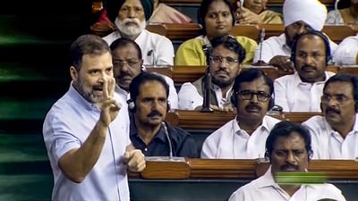 Congress MP Rahul Gandhi speaks during discussion on Motion of No-Confidence in the Lok Sabha during the Monsoon session of Parliament. (PTI)