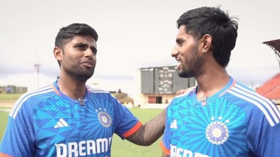 Suryakumar Yadav (L) talks to Tilak Varma after the 3rd T20I against West Indies (Twitter) Suryakumar Yadav (L) talks to Tilak Varma after the 3rd T20I against West Indies (Twitter)