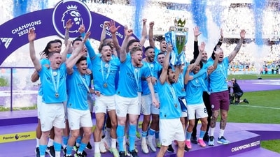 Manchester City players celebrate their Premier League title after the English Premier League match between Manchester City and Chelsea at the Etihad Stadium (AP) Manchester City players celebrate their Premier League title after the English Premier League match between Manchester City and Chelsea at the Etihad Stadium (AP)