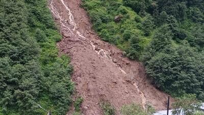 The landslide occurred in Gauri village ahead of the helipad in Gaurikund. (HT Photo)