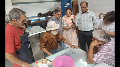 Young and eminent printmakers from across country are taking part in the workshop which is on till August 12 (HT Photo)