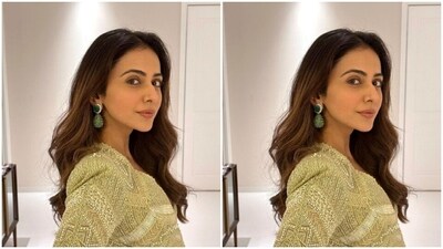 In contrasting green earrings from the shelves of Neety Singh Jewellery, Rakul Preet minimally accessorised her look for the day.&nbsp; (Instagram/@rakulpreet)