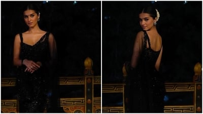Tara Sutaria is the epitome of elegance in a sheer black saree (Instagram/@tarasutaria) Tara Sutaria is the epitome of elegance in a sheer black saree (Instagram/@tarasutaria)