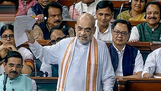 Union Home Minister Amit Shah participates in the discussion on the Motion of No-Confidence in the Lok Sabha during the Monsoon session of Parliament, in New Delhi, Wednesday, Aug. 9, 2023. (PTI Photo)