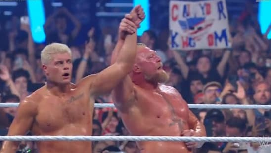 Brock Lesnar's (R) gesture for Cody Rhodes after the SummerSlam fight (WWE)