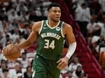 Milwaukee Bucks forward Giannis Antetokounmpo (34) dribbles the ball during the first half of Game 4 in a first-round NBA basketball playoff series against the Miami Heat, Monday, April 24, 2023 Milwaukee Bucks forward Giannis Antetokounmpo (34) dribbles the ball during the first half of Game 4 in a first-round NBA basketball playoff series against the Miami Heat, Monday, April 24, 2023