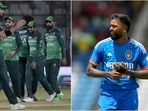 Pakistan players during their T20I series against New Zealand earlier this year (L); Hardik Pandya in action against West Indies