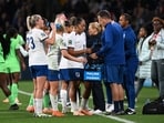 England's Lauren James with teammates during a drinks break.