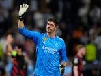 Real Madrid's goalkeeper Thibaut Courtois waves to fans at the end of the Champions League semifinal first leg Real Madrid's goalkeeper Thibaut Courtois waves to fans at the end of the Champions League semifinal first leg