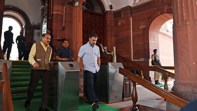 Congress MP Rahul Gandhi leaves from Parliament House before PM Modi's speech on 'No Confidence Motion' in Lok Sabha. (ANI)