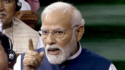 Prime Minister Narendra Modi speaks in Lok Sabha during the ongoing Monsoon Session of Parliament. (ANI) Prime Minister Narendra Modi speaks in Lok Sabha during the ongoing Monsoon Session of Parliament. (ANI)