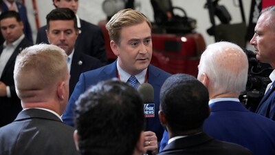 Fox News' Peter Doocy speaks to President Joe Biden at the Arcosa Wind Towers, Wednesday, Aug. 9, 2023, in Belen, N.M. (AP Photo/Alex Brandon) (AP) Fox News' Peter Doocy speaks to President Joe Biden at the Arcosa Wind Towers, Wednesday, Aug. 9, 2023, in Belen, N.M. (AP Photo/Alex Brandon) (AP)