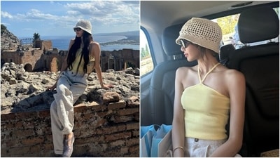 The second fit Lisa wore on her holiday shows her in a sleeveless pastel yellow halter-neck crop top featuring a snug fit. She wore it with beige-coloured linen pants, chunky slip-on sandals, a crocheted bucket hat, a gold bracelet, sunnies, nude pink lip shade, and glowing rouged skin. (Instagram) The second fit Lisa wore on her holiday shows her in a sleeveless pastel yellow halter-neck crop top featuring a snug fit. She wore it with beige-coloured linen pants, chunky slip-on sandals, a crocheted bucket hat, a gold bracelet, sunnies, nude pink lip shade, and glowing rouged skin. (Instagram)