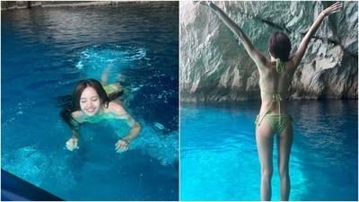 Earlier, Lisa posted pictures of herself enjoying a swim inside a cave. She wore a green-coloured bikini top and bottoms to a dip in the clear blue water. (Instagram) Earlier, Lisa posted pictures of herself enjoying a swim inside a cave. She wore a green-coloured bikini top and bottoms to a dip in the clear blue water. (Instagram)
