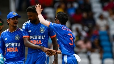 Ishan Kishan (L), Hardik Pandya (2L) and Yuzvendra Chahal (3L) of India celebrate (AFP) Ishan Kishan (L), Hardik Pandya (2L) and Yuzvendra Chahal (3L) of India celebrate (AFP)