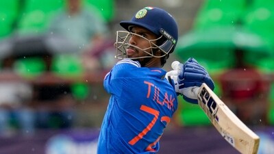 India's Tilak Varma plays a shot against West Indies during the third T20 cricket match (AP) India's Tilak Varma plays a shot against West Indies during the third T20 cricket match (AP)