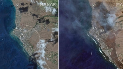 This combination of satellite images provided by Maxar Technologies shows an overview of Lahaina on Maui, Hawaii, on June 25, 2023, left, and an overview of the same area on Wednesday, Aug. 9, following a wildfire that tore through the heart of the Hawaiian island. (Maxar Technologies via AP) (AP)