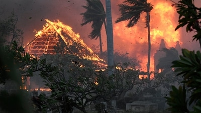 The hall of historic Waiola Church in Lahaina and nearby Lahaina Hongwanji Mission are engulfed in flames along Wainee Street on Tuesday, Aug. 8, 2023, in Lahaina, Hawaii. (Matthew Thayer/The Maui News via AP) The hall of historic Waiola Church in Lahaina and nearby Lahaina Hongwanji Mission are engulfed in flames along Wainee Street on Tuesday, Aug. 8, 2023, in Lahaina, Hawaii. (Matthew Thayer/The Maui News via AP)