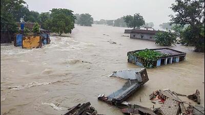 Houses seen submerged in flood waters following heavy monsoon rainfall in Bihar in 2020. (PTI File Photo)