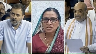 Rahul Gandhi, Kalavati Bandurkar and Amit Shah. Rahul Gandhi, Kalavati Bandurkar and Amit Shah.