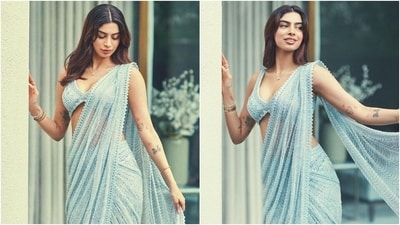 Khushi Kapoor wears a see-through saree and bustier blouse for a new photoshoot. (Instagram) Khushi Kapoor wears a see-through saree and bustier blouse for a new photoshoot. (Instagram)