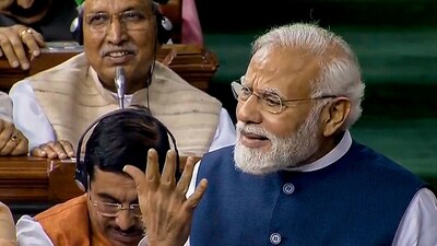 Prime Minister Narendra Modi replies on the Motion of No-Confidence in the Lok Sabha in the Monsoon session of Parliament, in New Delhi. (PTI) Prime Minister Narendra Modi replies on the Motion of No-Confidence in the Lok Sabha in the Monsoon session of Parliament, in New Delhi. (PTI)