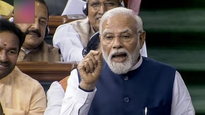Prime Minister Narendra Modi speaks during a debate on the No Confidence Motion in the Lok Sabha in the Monsoon Session of Parliament, in New Delhi on Thursday. (ANI) Prime Minister Narendra Modi speaks during a debate on the No Confidence Motion in the Lok Sabha in the Monsoon Session of Parliament, in New Delhi on Thursday. (ANI)