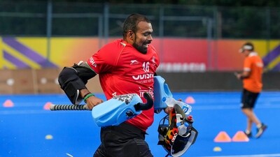 Chennai: Indian hockey team goalkeeper PR Sreejesh during a training session ahead of the Asian Champions Trophy 2023, at Mayor Radhakrishnan Hockey Stadium, in Chennai, Wednesday, Aug. 2, 2023. (PTI Photo/R Senthil Kumar)(PTI08_02_2023_000301B) (PTI) Chennai: Indian hockey team goalkeeper PR Sreejesh during a training session ahead of the Asian Champions Trophy 2023, at Mayor Radhakrishnan Hockey Stadium, in Chennai, Wednesday, Aug. 2, 2023. (PTI Photo/R Senthil Kumar)(PTI08_02_2023_000301B) (PTI)