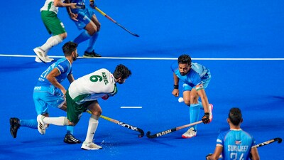 Pakistan got the second half underway and tried to keep the ball with them. However, their passes ended up being too long more often than not and India were easily able to intercept. (PTI) Pakistan got the second half underway and tried to keep the ball with them. However, their passes ended up being too long more often than not and India were easily able to intercept. (PTI)