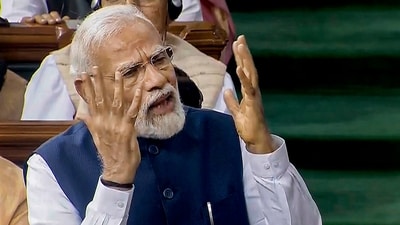 PM Modi speaking in Parliament on Thursday. (PTI) PM Modi speaking in Parliament on Thursday. (PTI)