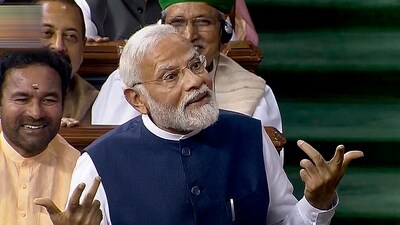 Prime Minister Narendra Modi replies to the Motion of No-Confidence in the Lok Sabha. (PTI Photo)