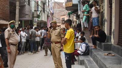 Police outside the woman’s house in Khoda in Ghaziabad on Thursday. The police said the landlord complained to them about a foul smell emanating from the room. (Sakib Ali/HT Photo) Police outside the woman’s house in Khoda in Ghaziabad on Thursday. The police said the landlord complained to them about a foul smell emanating from the room. (Sakib Ali/HT Photo)