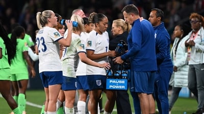 England's Lauren James with teammates during a drinks break. (REUTERS)
