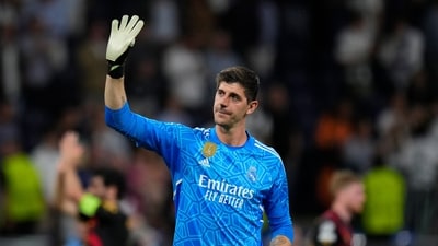 Real Madrid's goalkeeper Thibaut Courtois waves to fans at the end of the Champions League semifinal first leg (AP)