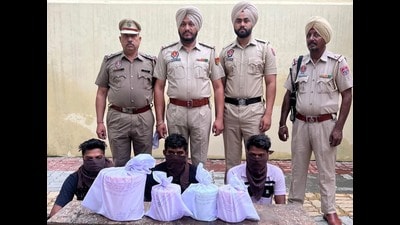 The Amritsar rural police have busted a cross-border drug smuggling racket by arresting three persons and recovering 12 kg of heroin from their possession. (HT Photo)