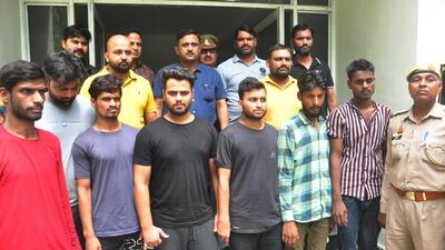 The seven suspects at the police station in Ghaziabad on Thursday. Various cables, a copper cable roll, fish plates, wire cutters, ropes, an i10 car, and a mini truck were recovered from the suspects’ possession, said police officers. (Sakib Ali/HT Photo) The seven suspects at the police station in Ghaziabad on Thursday. Various cables, a copper cable roll, fish plates, wire cutters, ropes, an i10 car, and a mini truck were recovered from the suspects’ possession, said police officers. (Sakib Ali/HT Photo)