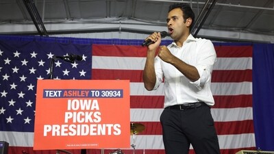 CEDAR RAPIDS, IOWA - AUGUST 06: Republican presidential candidate businessman Vivek Ramaswamy speaks to guests at Ashley's BBQ Bash hosted by Congresswoman Ashley Hinson (R-IA) on August 06, 2023 in Cedar Rapids, Iowa. Seven of the 14 GOP candidates seeking the party's nomination for president were scheduled to speak at the event. (Getty Images via AFP) CEDAR RAPIDS, IOWA - AUGUST 06: Republican presidential candidate businessman Vivek Ramaswamy speaks to guests at Ashley's BBQ Bash hosted by Congresswoman Ashley Hinson (R-IA) on August 06, 2023 in Cedar Rapids, Iowa. Seven of the 14 GOP candidates seeking the party's nomination for president were scheduled to speak at the event. (Getty Images via AFP)