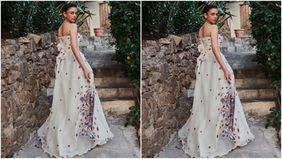 For her head turning look, Aditi picked up a gorgeous white gown from the shelves of the clothing brand NEDO by Nedret Taciroglu. (Instagram/@aditiraohydari) For her head turning look, Aditi picked up a gorgeous white gown from the shelves of the clothing brand NEDO by Nedret Taciroglu. (Instagram/@aditiraohydari)