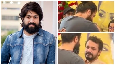 Yash hugged an emotional Vijay Raghavendra at the funeral. Yash hugged an emotional Vijay Raghavendra at the funeral.