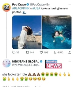 'She looks terrible' commented a fan account named, New Jeans Global, triggering a massive backlash. (Screengrab) 'She looks terrible' commented a fan account named, New Jeans Global, triggering a massive backlash. (Screengrab)