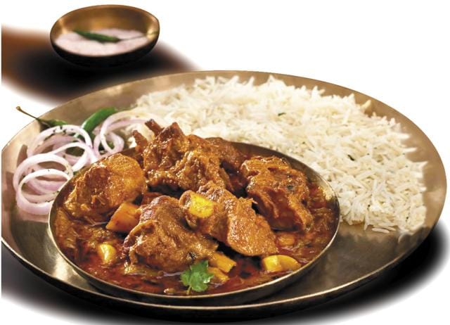 Champaran Meat is slow-cooked goat meat made in a handi. The meat is marinated with onions and garlic and cooked over an extended period with chopped ginger and whole spices like green and brown coriander, tej patta, cloves, dried chilli, powdered red chilli, turmeric, cumin, dhania powder and mustard oil. Champaran Meat is slow-cooked goat meat made in a handi. The meat is marinated with onions and garlic and cooked over an extended period with chopped ginger and whole spices like green and brown coriander, tej patta, cloves, dried chilli, powdered red chilli, turmeric, cumin, dhania powder and mustard oil.